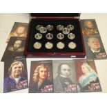 A collection of 14 silver proof crowns "Great Britons" in case with certificates