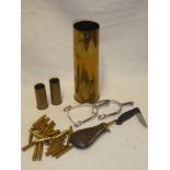 A First War 18pdr. shell case, pair of plated spurs, copy pistol flask, shell cases etc.