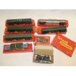 Tri-ang 00 gauge - five boxed coaches, boxed 0-6-0 tank engine, level crossing etc.