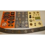 A selection of various military badges and insignia including a webbing belt containing various