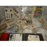A box containing albums of World stamps, first day covers, mini sheets, postal covers, PHQ cards,