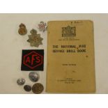 A Second War National Fire Service badge, AFS badges, National Fire Service drill book etc.