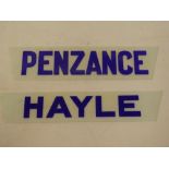 Two GWR glass station name plaques for station gas lamps "Penzance/Hayle" 15" long