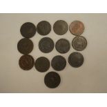 Thirteen 18th/19th century copper penny tokens including Birmingham and South Wales 1812 penny,