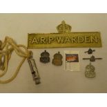 A brass ARP Warden gate notice, ARP whistle,