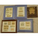 A wooden railways wagon label clip and a selection of GWR paper destination labels in four framed