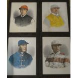 Four 19th century coloured lithographs depicting bust portraits of jockeys including "Fred Archer,