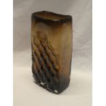 A Whitefriars rectangular brown tinted glass vase with raised decoration,