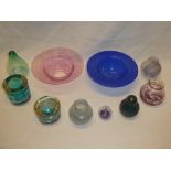 Two various art glass bowls, a selection of various art glass vases, candle holders,