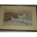 Douglas Pinder - watercolour "Cliffs at Whipsidery", signed, inscribed and labelled to verso,