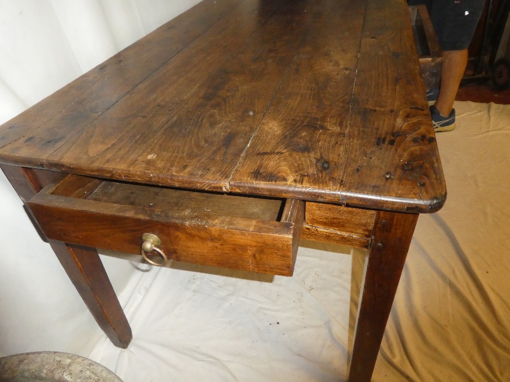 A 19th century polished elm kitchen table with a pull-out slide in one end opposing a single end - Image 4 of 5