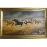 S**K**Mitchell - oil on canvas Study of horses "The Coming Storm", signed, inscribed to verso,
