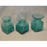 Three Dartington blue tinted art glass square-section vases