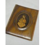 An Italian Sorrento-style marquetry inlaid rectangular book cover decorated with a female on a