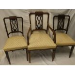 Three Edwardian inlaid mahogany parlour/dining chairs with pierced splat backs and upholstered