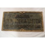 An old cast iron rectangular railway sign "Warning - Stop Look And Listen Before Crossing The Line"