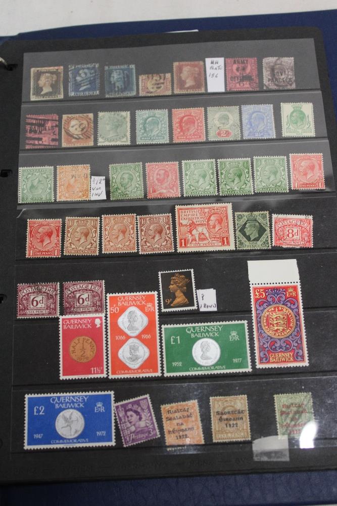 A folder album containing a selection of GB and Commonwealth stamps including 1d black, 2d blues,