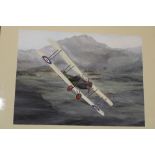 A watercolour by Dudley Jones depicting a First War biplane,