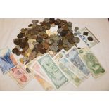 A selection of mixed GB and Foreign coins together with bank notes etc.