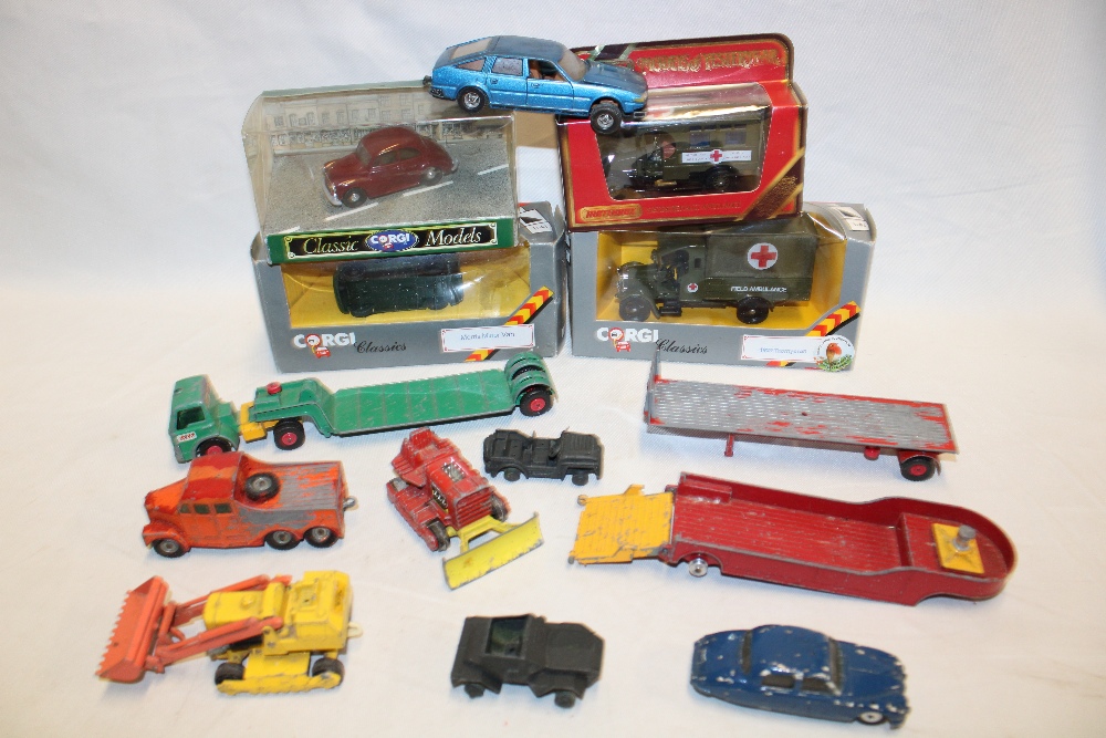 Various diecast vehicles including Dinky scout car, Corgi Jaguar 2.4 litre, boxed vehicles etc.