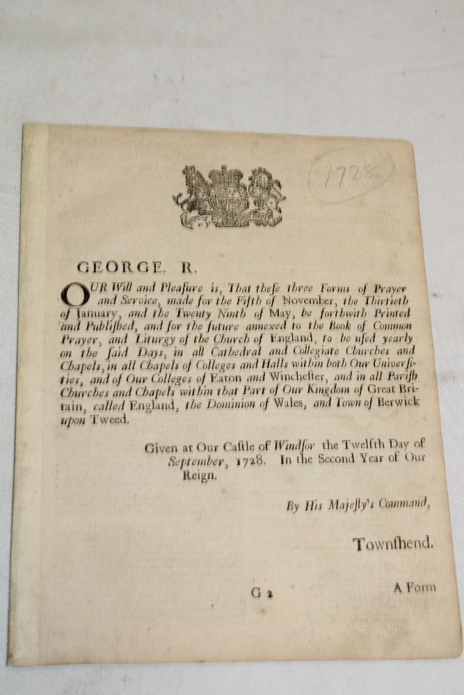 A George 1 1728 five page form of prayer with thanksgiving