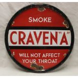 An enamelled circular advertising sign "Smoke Craven A - Will Not Affect Your Throat" 23" diameter