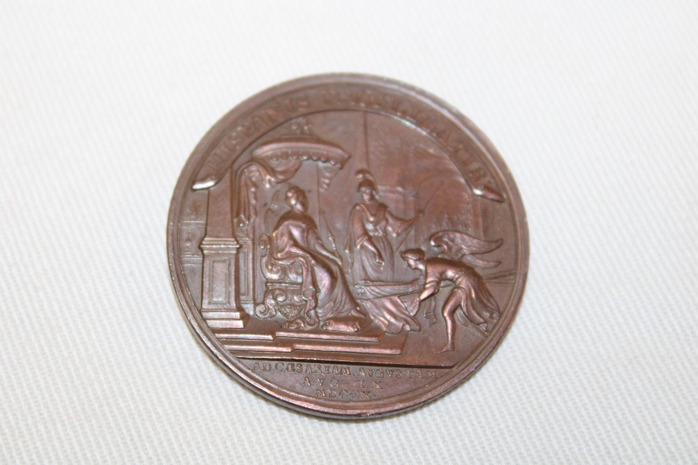 A rare Queen Anne 1710 bronze medallion by J Crocker commemorating the Battle of Saragossa 1710