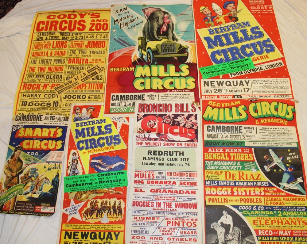 Seven 1950's/1960's Cornish-related Circus posters including Bertram Mills Circus and Menagerie at