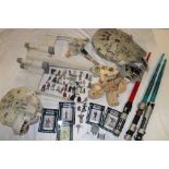 A selection of various Star Wars toys including five carded figures, various unboxed figures,
