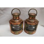 A pair of small brass mounted copper ship's port and starboard lamps by Davey & Co.