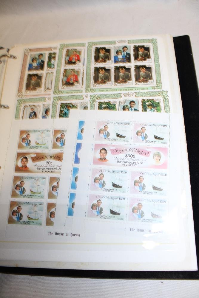A stock book containing a collection of Charles and Diana wedding stamps, mint sets, mini sheets,