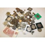 A selection of mixed GB and Foreign coinage including Penzance Tercentenary medallion etc.