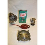 A Miller motorcycle carbide lamp, a Premier miner's lamp, bulls-eye light etc.