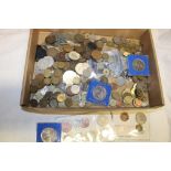 A selection of various pre-decimal coinage, Foreign coins, commemorative crowns etc.