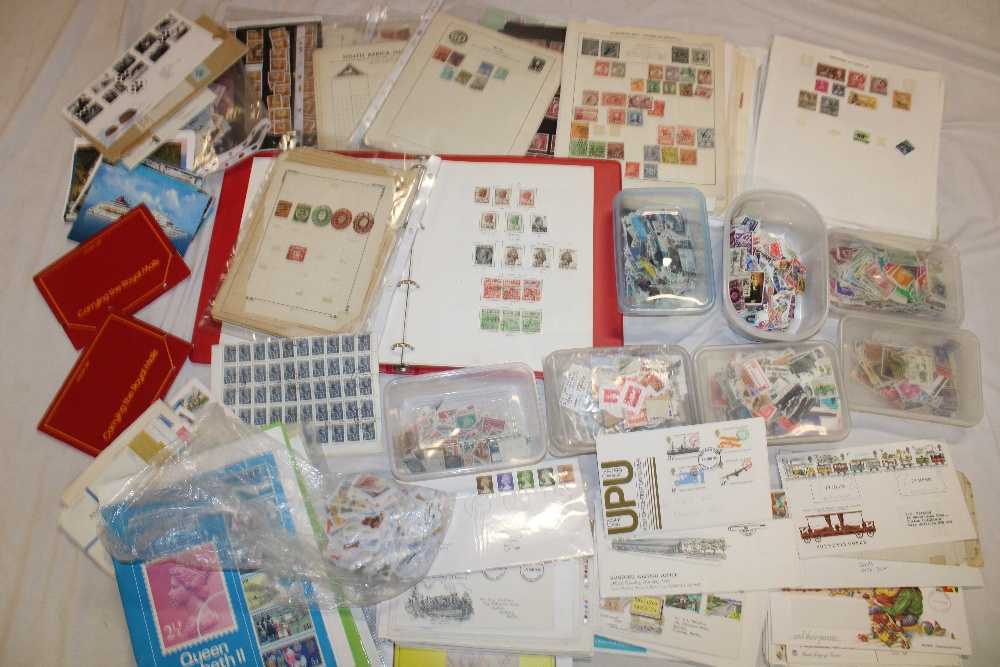 Two boxes containing various album pages of mixed World stamps, boxes and packets of World stamps,