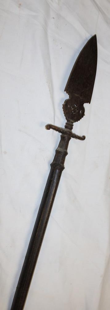 An old iron spontoon with 6" double edged blade mounted on a later ash shaft 87" long overall - Image 3 of 3