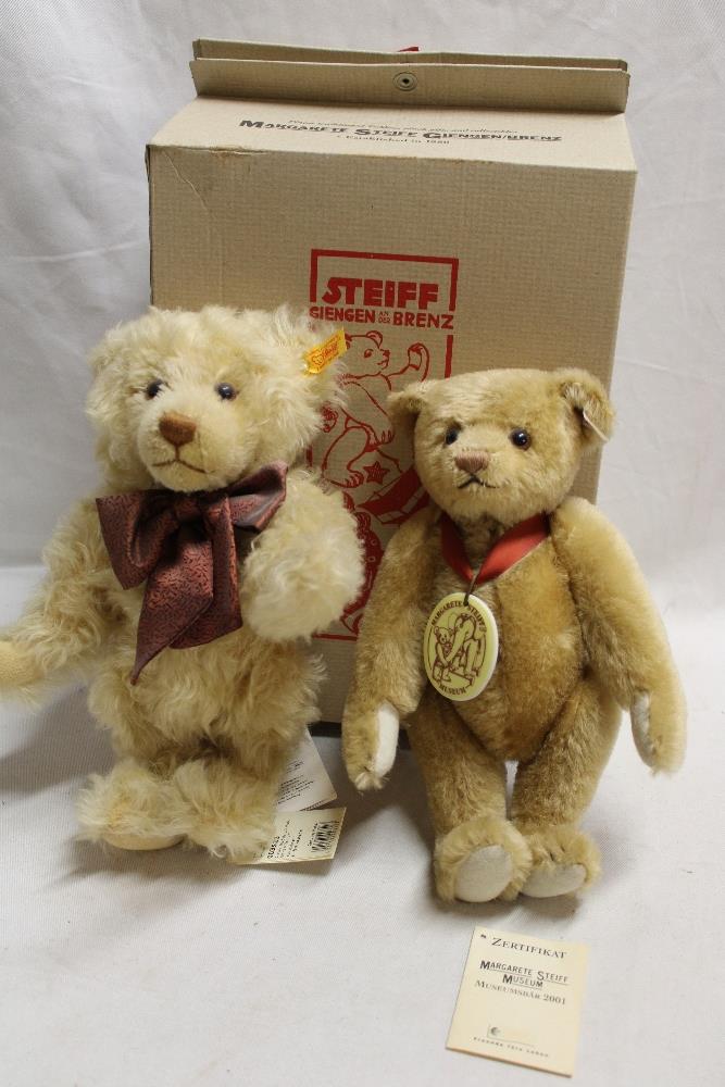 Two modern Steiff plush covered teddy bears in Steiff box