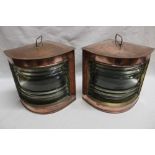 A pair of copper quandrant ship's port and starboard lamps with ribbed glass lenses 9½" high