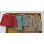 Three middle 20th Century wool two piece skirt suits, pale blue and tan fleck,