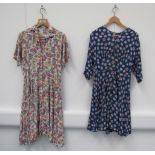 Two 1940's day dresses, green, yellow, puce floral pattern,