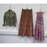 Two printed cotton + velvet full length wrap around skirts, Debenhams + Adini labels ,