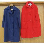 A 1960's pure new wool blue double breasted coat and a bright red textured wool cape with large