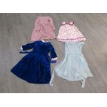 Four vintage child's dresses including Harrords royal blue velvet with ruching centre front