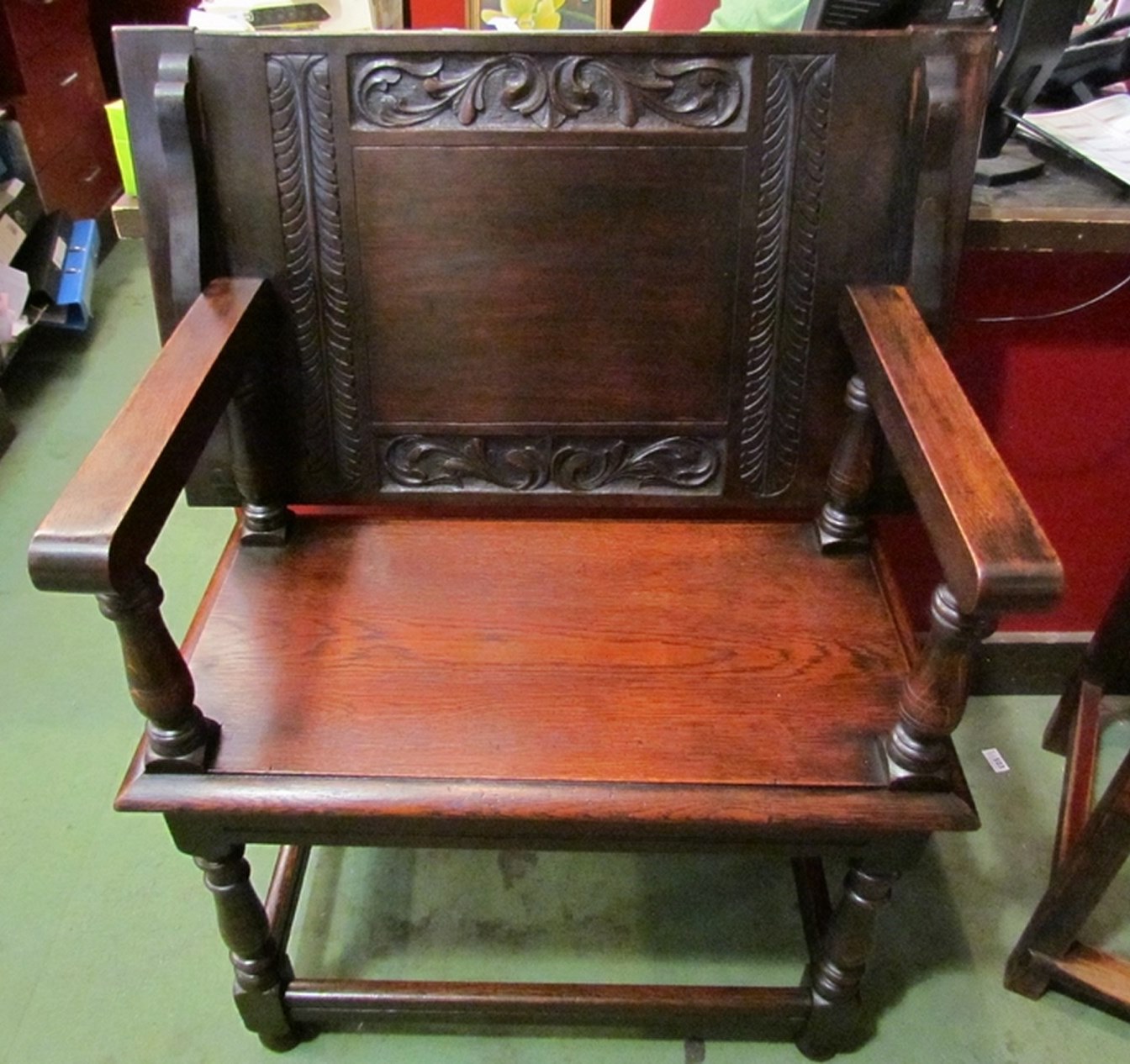 A circa 1890 carved acanthus leaf oak settle,