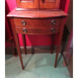 A George III revival line inlaid mahogany bow front table of small proportions the two drawers over