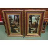 A pair of bevel edged mirrors monogrammed "JR" each depicting painted castles,