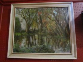 A framed oil on canvas - The Mere near Hedenham, by G.E. Roberts.