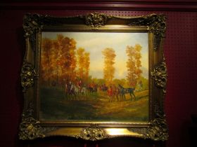 A pair of 20th Century oils on board depicting gentlemen and ladies going on a hunt, signed,