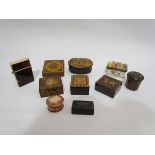 A collection of miniature boxes to include Tunbridge ware, porcelain,