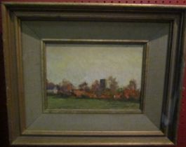 MARGARET STRUTT (XX): A framed oil on Daler Board, "Evening in Scole, Norfolk".